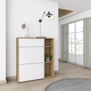 wohnli-moebel-suche-M26022973-1 Schuhschrank Holzeffekt Eiche und Weiß 90x27x102cm 90x102x27cm Spanplatte Beige Skraut home Möbel Flurmöbel Schuhschränke