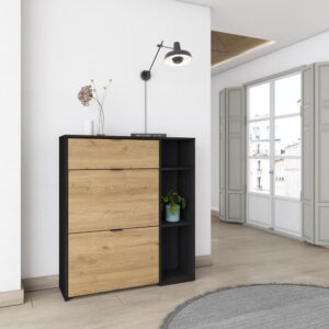 Schuhschrank Holzeffekt Schwarz und Eiche 90x27x102cm 90x102x27cm Spanplatte Schwarz Skraut home Möbel Flurmöbel Schuhschränke