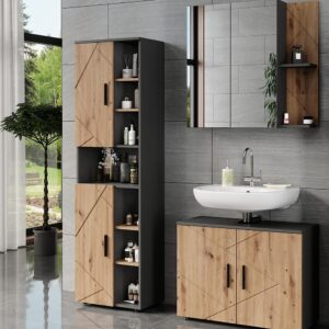 wohnli-moebel-suche-M26023051-1 Hochschrank mit 2 Türen Anthrazit/Goldkraft Eiche 50x172cm 50x172x30cm Spanplatte Schwarz Vicco Möbel Badezimmermöbel Bad-Hochschränke