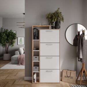 wohnli-moebel-suche-M26023059-1 Schuhkipper mit 4 Fächern Weiß/Sonoma 80x166.1cm 80x167x25cm Spanplatte Weiß Vicco Möbel Flurmöbel Schuhschränke