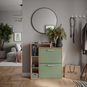 wohnli-moebel-suche-M26023064-1 Schuhkipper Goldkraft Eiche/Grün 80x90cm 80x90x25cm Spanplatte Braun Vicco Möbel Flurmöbel Schuhschränke
