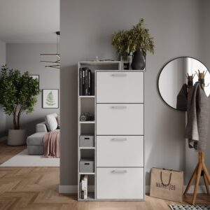 wohnli-moebel-suche-M26023065-1 Schuhkipper mit 4 Fächern Weiß/Beton 80x166.1cm 80x167x25cm Spanplatte Weiß Vicco Möbel Flurmöbel Schuhschränke