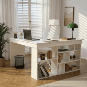 wohnli-moebel-suche-M26023101-1 Eckschreibtisch mit 8 Fächern L130 cm - Weiß 130x72x50cm Spanplatte Weiß Calicosy Möbel Büromöbel Schreibtische