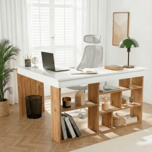 wohnli-moebel-suche-M26023103-1 Eckschreibtisch mit 8 Fächern L130 cm - Weiß und Holzdekor 130x72x50cm Spanplatte Weiß Calicosy Möbel Büromöbel Schreibtische