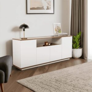 wohnli-moebel-suche-M26023848-1 Buffet mit 4 Türen und 1 zentraler Nische L180 cm - Weiß und Holzdekor 180x75x45cm Spanplatte Weiß Calicosy Möbel Esszimmermöbel Sideboards, Highboards & niedrige Anrichten