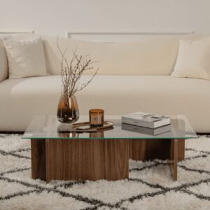 wohnli-moebel-suche-M26023885-1 Couchtisch mit Tischplatte aus gehärtetem Glas L105 cm - Nussbaumdekor 105x30x65cm Spanplatte Braun Calicosy Möbel Wohnzimmermöbel Couchtische