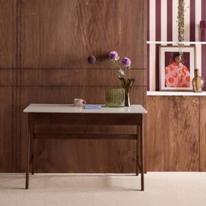 wohnli-moebel-suche-M26024035-1 Schreibtisch Holzdekor Heveaholzgestell 2 Schubladen nussbaumfarben 120x76x55cm Holz Braun sweeek Möbel Büromöbel Schreibtische