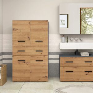 wohnli-moebel-suche-M26024354-1 Waschbeckenunterschrank mit 4 Türen 1 Schublade in Eichenoptik 35x130x76cm Spanplatte Braun Loft24 Möbel Badezimmermöbel Badezimmerschränke
