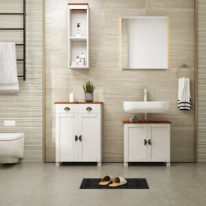 wohnli-moebel-suche-M26024357-1 Waschbeckenunterschrank mit 2 Türen aus Kiefer Weiß Honig 30x55x60cm Holz Weiß Loft24 Möbel Badezimmermöbel Badezimmerschränke