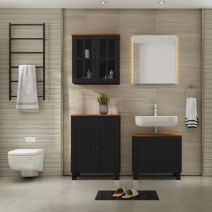 wohnli-moebel-suche-M26024358-1 Waschbeckenunterschrank mit 2 Türen 1 Schublade aus Kiefer Anthrazit 30x80x60cm Holz Grau Loft24 Möbel Badezimmermöbel Badezimmerschränke