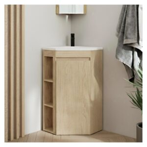 wohnli-moebel-suche-M26025006-1 Eckwaschtisch auf Füßen mit Waschbecken und -Armatur 45x88x45cm Spanplatte Braun Mob In Möbel Badezimmermöbel Waschtische