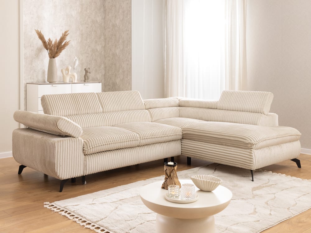 Ecksofa mit Schlaffunktion und Bettkasten aus Hellbeige Cord-Stoff 210x76x275cm Holz Beige S-Style Sofas und Sessel Sofas Ecksofas
