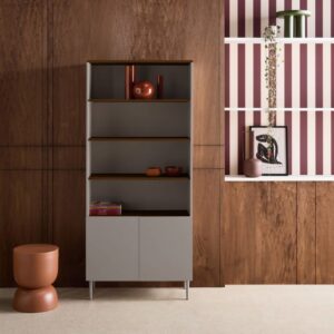 Bücherregal Metall und Holzdekor in grau und nussbaumfarben
