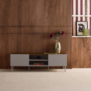 wohnli-moebel-suche-M26026907-1 TV-Möbel Metall und Holzdekor grau und nussbaumfarben B 140 cm 140x44x40cm Metall Grau sweeek Möbel Wohnzimmermöbel TV-Möbel