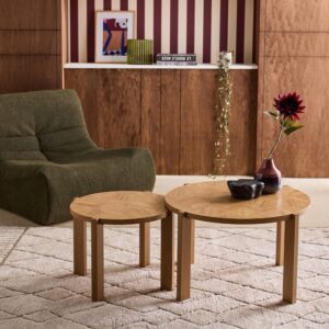 wohnli-moebel-suche-M26026944-1 2er-Set runde Satz-Couchtische mit Fischgrät-Muster in natürlichem 70x42x70cm Spanplatte Braun sweeek Möbel Wohnzimmermöbel Couchtische
