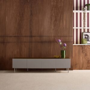 wohnli-moebel-suche-M26026977-1 TV-Möbel Metall und Holzdekor grau und nussbaumfarben B 180 cm 180x44x40cm Metall Grau sweeek Möbel Wohnzimmermöbel TV-Möbel