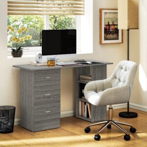 wohnli-moebel-suche-M26027321-1 Bureau d'ordinateur 3 tiroirs 2 étagères en bois gris 120x72x49cm Holz Grau Homcom Möbel Büromöbel Schreibtische