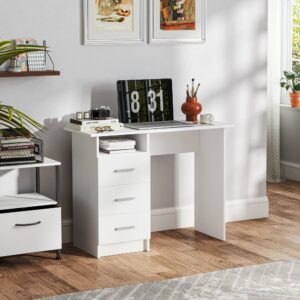 Bureau d'ordinateur 3 tiroirs étagère ouverte panneau particules blanc 100x75x40cm Spanplatte Weiß Homcom Möbel Büromöbel Schreibtische