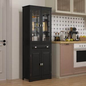 wohnli-moebel-suche-M26027503-1 Buffet haut 4 portes 3 étagères tiroir verre trempé noir 60x160x30cm Holz Schwarz Homcom Möbel Küchenmöbel Küchenoberschränke