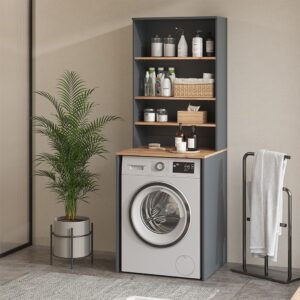 Waschmaschinenschrank 2 Teile mit Regal Anthrazit 66x88.2cm 66x89x60cm Spanplatte Schwarz Vicco Möbel Badezimmermöbel Bad-Hochschränke