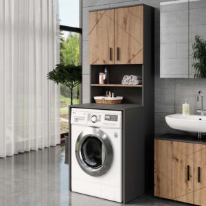 wohnli-moebel-suche-M26027533-1 Waschmaschinenschrank-Set 2 Teile Anthrazit/Goldkraft Eiche 68x88.5cm 68x89x61cm Spanplatte Schwarz Vicco Möbel Badezimmermöbel Bad-Hochschränke