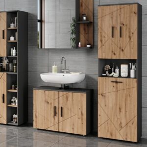 wohnli-moebel-suche-M26027543-1 Hochschrank mit Wäschkorb Anthrazit/Goldkraft Eiche 50x172cm 50x172x30cm Spanplatte Schwarz Vicco Möbel Badezimmermöbel