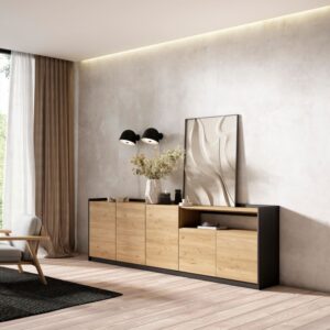Sideboard Holzeffekt eiche und schwarz 263x37x80cm 263x80x37cm Spanplatte Beige Skraut home Möbel Esszimmermöbel Sideboards, Highboards & niedrige Anrichten