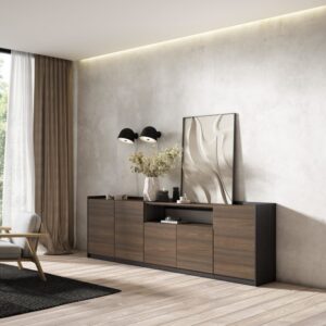 wohnli-moebel-suche-M26030062-1 Sideboard Holzeffekt dunkle Eiche und schwarz 263x37x80cm 263x80x37cm Spanplatte Braun Skraut home Möbel Esszimmermöbel Sideboards, Highboards & niedrige Anrichten