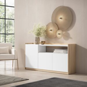 Sideboard Holzeffekt weiß und soft eiche 157x37x80cm 157x80x37cm Spanplatte Weiß Skraut home Möbel Esszimmermöbel Sideboards, Highboards & niedrige Anrichten