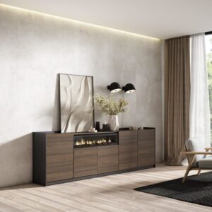 wohnli-moebel-suche-M26030065-1 Sideboard Holzeffekt Eiche schwarz 263x37x80cm Kamin mit Feuereffekt 263x80x37cm Spanplatte Braun Skraut home Möbel Esszimmermöbel Sideboards, Highboards & niedrige Anrichten