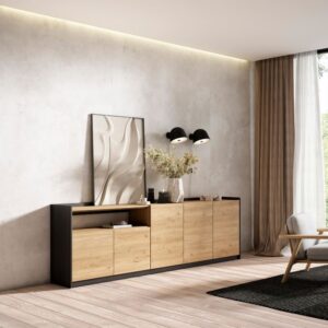 Sideboard Holzeffekt eiche und schwarz 263x37x80cm 263x80x37cm Spanplatte Beige Skraut home Möbel Esszimmermöbel Sideboards, Highboards & niedrige Anrichten
