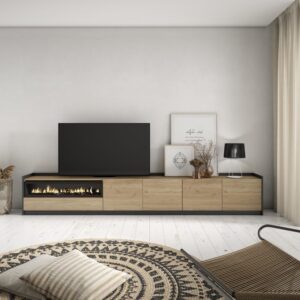 TV-Möbel Holzeffekt eiche schwarz 310x37x50cm Kamin mit Feuereffekt 310x50x37cm Spanplatte Beige Skraut home Möbel Wohnzimmermöbel TV-Möbel