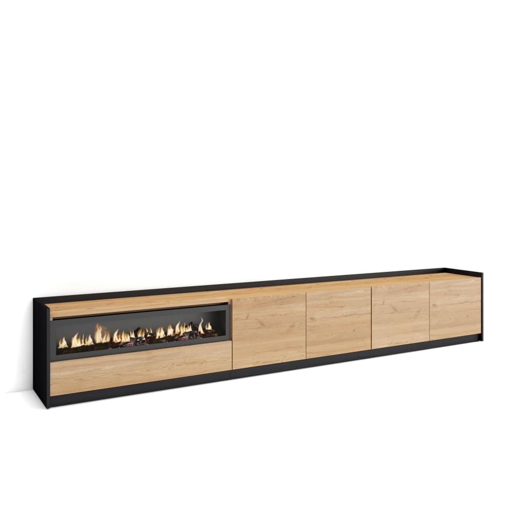 Wohnli Möbelsuche - TV-Möbel Holzeffekt eiche schwarz 310x37x50cm Kamin mit Feuereffekt