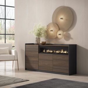 Sideboard Holzeffekt Eiche schwarz 157x37x80cm Kamin mit Feuereffekt 157x80x37cm Spanplatte Braun Skraut home Möbel Esszimmermöbel Sideboards, Highboards & niedrige Anrichten