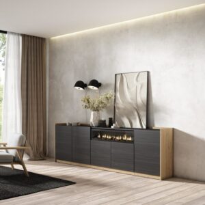wohnli-moebel-suche-M26030072-1 Sideboard Holzeffekt schwarz eiche 263x37x80cm Kamin mit Feuereffekt 263x80x37cm Spanplatte Schwarz Skraut home Möbel Esszimmermöbel Sideboards, Highboards & niedrige Anrichten