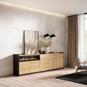 wohnli-moebel-suche-M26030073-1 Sideboard Holzeffekt eiche schwarz 263x37x80cm Kamin mit Feuereffekt 263x80x37cm Spanplatte Beige Skraut home Möbel Esszimmermöbel Sideboards, Highboards & niedrige Anrichten