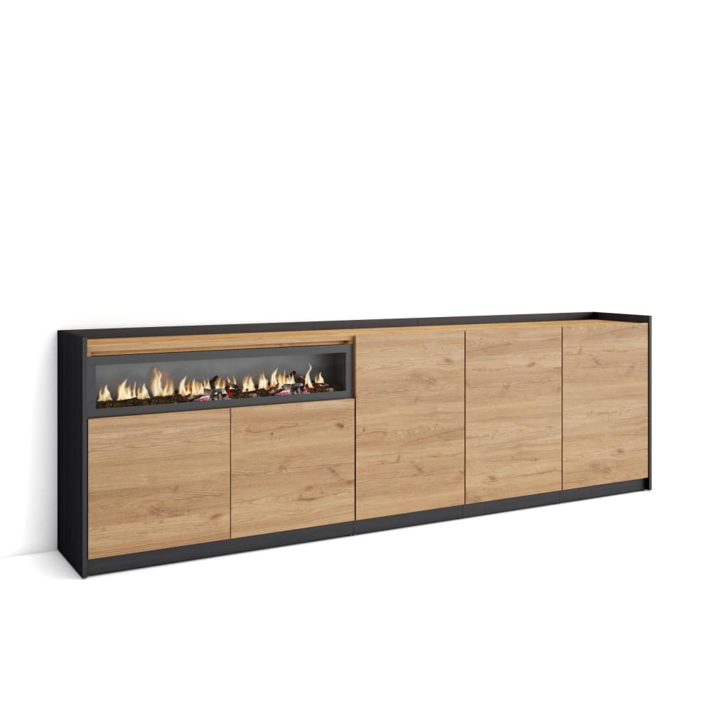 wohnli-moebel-suche-M26030073 Wohnli Möbelsuche - Sideboard Holzeffekt eiche schwarz 263x37x80cm Kamin mit Feuereffekt