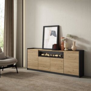 wohnli-moebel-suche-M26030078-1 Sideboard Holzeffekt eiche schwarz 210x37x80cm Kamin mit Feuereffekt 210x80x37cm Spanplatte Beige Skraut home Möbel Esszimmermöbel Sideboards, Highboards & niedrige Anrichten