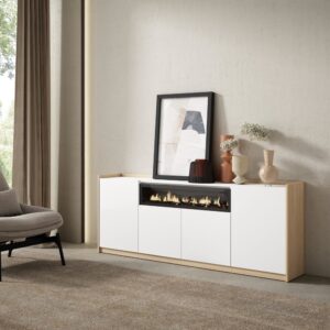 Sideboard Holzeffekt weiß soft eiche 210x37cm Kamin mit Feuereffekt 210x80x37cm Spanplatte Weiß Skraut home Möbel Esszimmermöbel Sideboards, Highboards & niedrige Anrichten