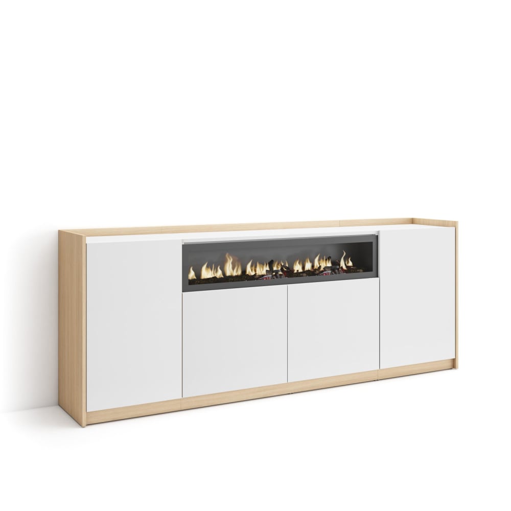 wohnli-moebel-suche-M26030080 Wohnli Möbelsuche - Sideboard Holzeffekt weiß soft eiche 210x37cm Kamin mit Feuereffekt