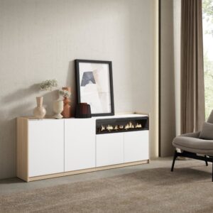 Sideboard Holzeffekt weiß soft eiche 210x37cm Kamin mit Feuereffekt 210x80x37cm Spanplatte Weiß Skraut home Möbel Esszimmermöbel Sideboards, Highboards & niedrige Anrichten