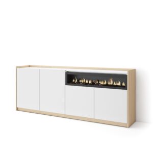 Wohnli Möbelsuche - Sideboard Holzeffekt weiß soft eiche 210x37cm Kamin mit Feuereffekt