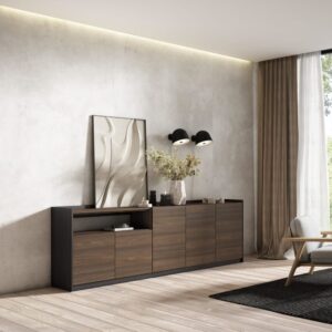wohnli-moebel-suche-M26030083-1 Sideboard Holzeffekt dunkle Eiche und schwarz 263x37x80cm 263x80x37cm Spanplatte Braun Skraut home Möbel Esszimmermöbel Sideboards, Highboards & niedrige Anrichten