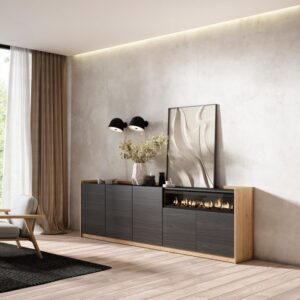 wohnli-moebel-suche-M26030084-1 Sideboard Holzeffekt schwarz eiche 263x37x80cm Kamin mit Feuereffekt 263x80x37cm Spanplatte Schwarz Skraut home Möbel Esszimmermöbel Sideboards, Highboards & niedrige Anrichten