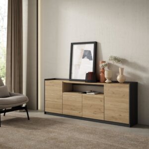 wohnli-moebel-suche-M26030086-1 Sideboard Holzeffekt eiche und schwarz 210x37x80cm 210x80x37cm Spanplatte Beige Skraut home Möbel Esszimmermöbel Sideboards, Highboards & niedrige Anrichten