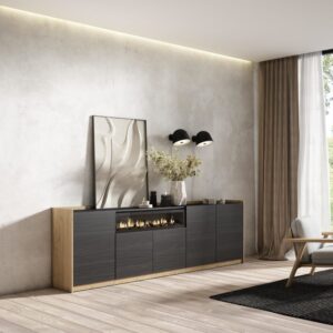 wohnli-moebel-suche-M26030087-1 Sideboard Holzeffekt schwarz eiche 263x37x80cm Kamin mit Feuereffekt 263x80x37cm Spanplatte Schwarz Skraut home Möbel Esszimmermöbel Sideboards, Highboards & niedrige Anrichten