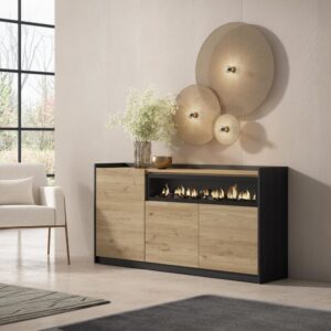 wohnli-moebel-suche-M26030090-1 Sideboard Holzeffekt eiche schwarz 157x37x80cm Kamin mit Feuereffekt 157x80x37cm Spanplatte Beige Skraut home Möbel Esszimmermöbel Sideboards, Highboards & niedrige Anrichten