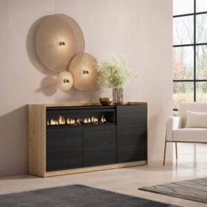 Sideboard Holzeffekt schwarz eiche 157x37x80cm Kamin mit Feuereffekt 157x80x37cm Spanplatte Schwarz Skraut home Möbel Esszimmermöbel Sideboards, Highboards & niedrige Anrichten