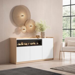Sideboard Holzeffekt weiß soft eiche 157x37cm Kamin mit Feuereffekt 157x80x37cm Spanplatte Weiß Skraut home Möbel Esszimmermöbel Sideboards, Highboards & niedrige Anrichten