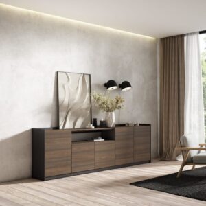 wohnli-moebel-suche-M26030095-1 Sideboard Holzeffekt dunkle Eiche und schwarz 263x37x80cm 263x80x37cm Spanplatte Braun Skraut home Möbel Esszimmermöbel Sideboards, Highboards & niedrige Anrichten